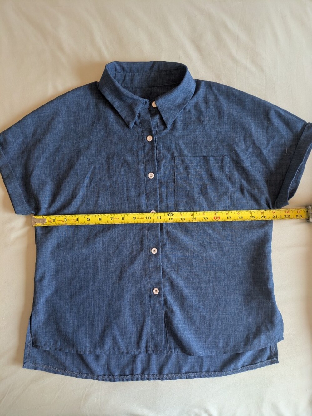 Classic Short-Sleeve Chambray Look Button-Up Shirt in Blue - Picture 7 of 12